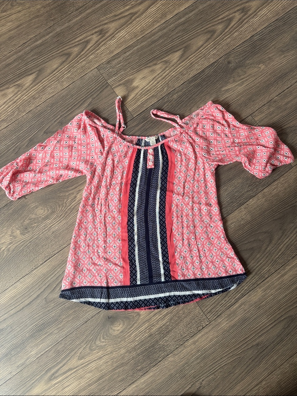 Cato Coral Pink Printed Cold-Shoulder Tunic with Navy Stripe